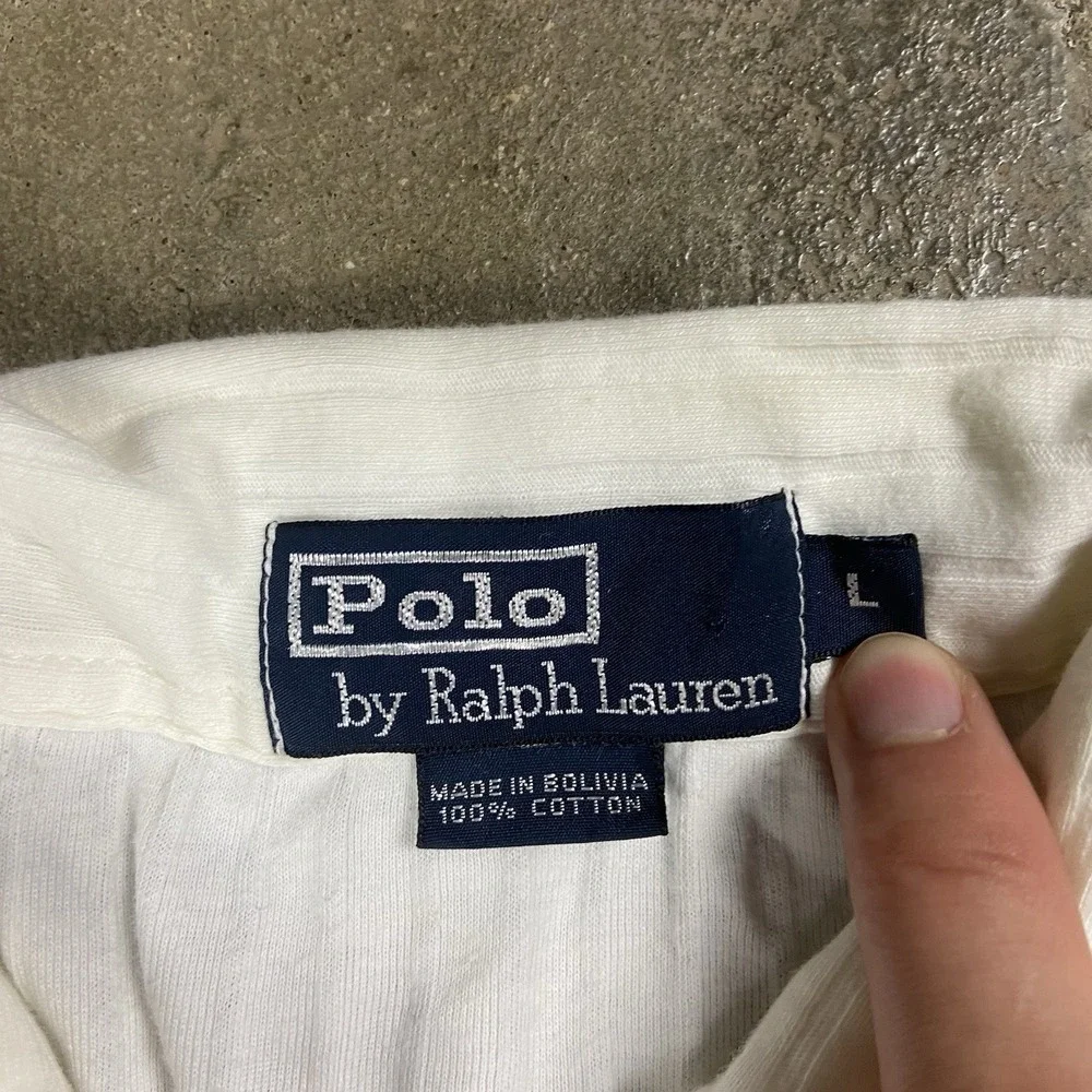 Vintage 90s Polo Ralph Lauren Polo Shirt Size Large Cream Verticals Ribbed Pony